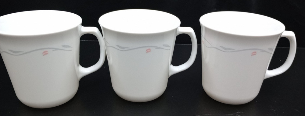 Corelle Corning ST CLAIRE Set of 3 Mugs Pink Tulips - Gray Leaves 3 1/2"